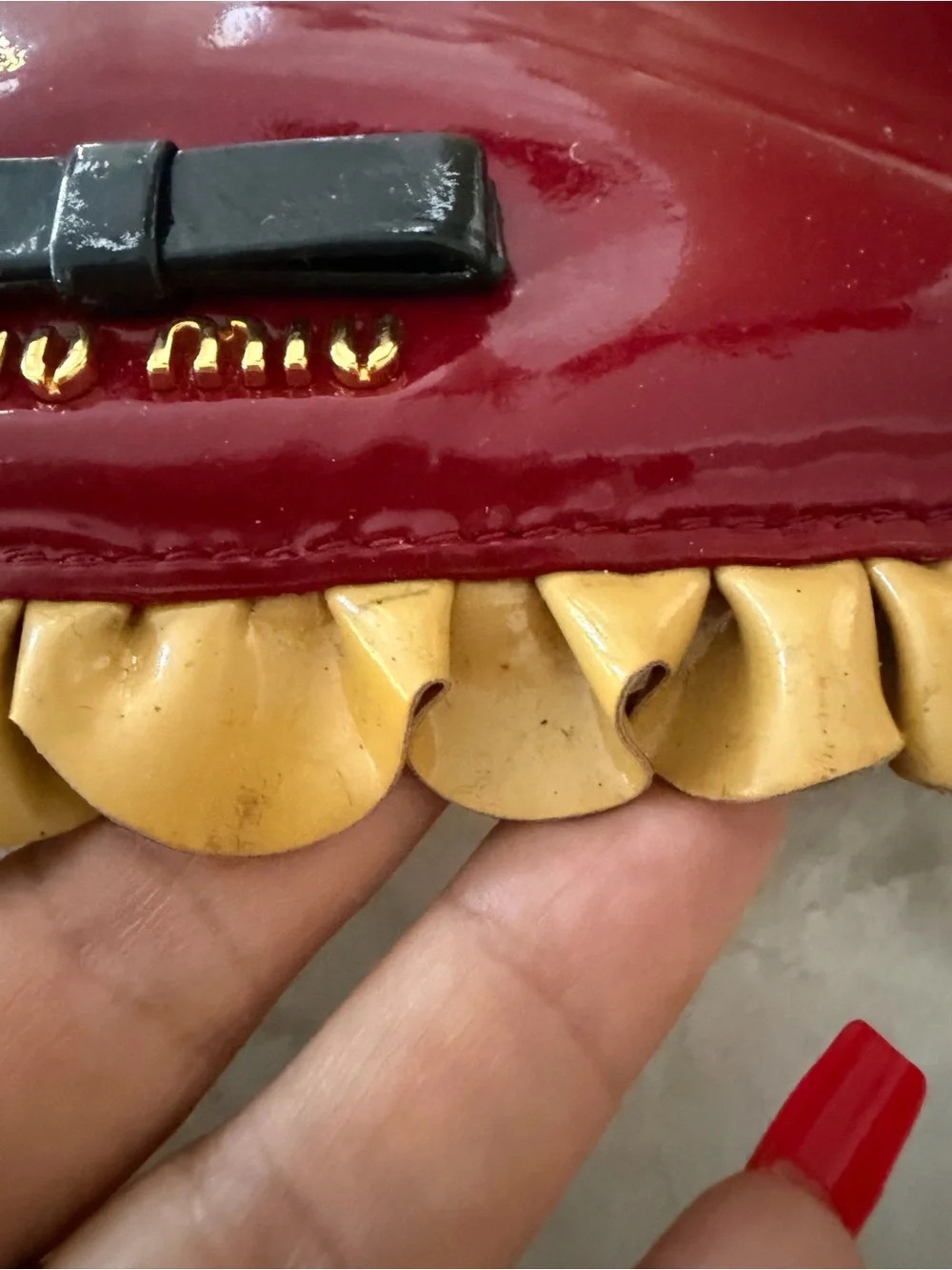 Miu Miu Burgundy Patent Leather Ruffle-Trim bag